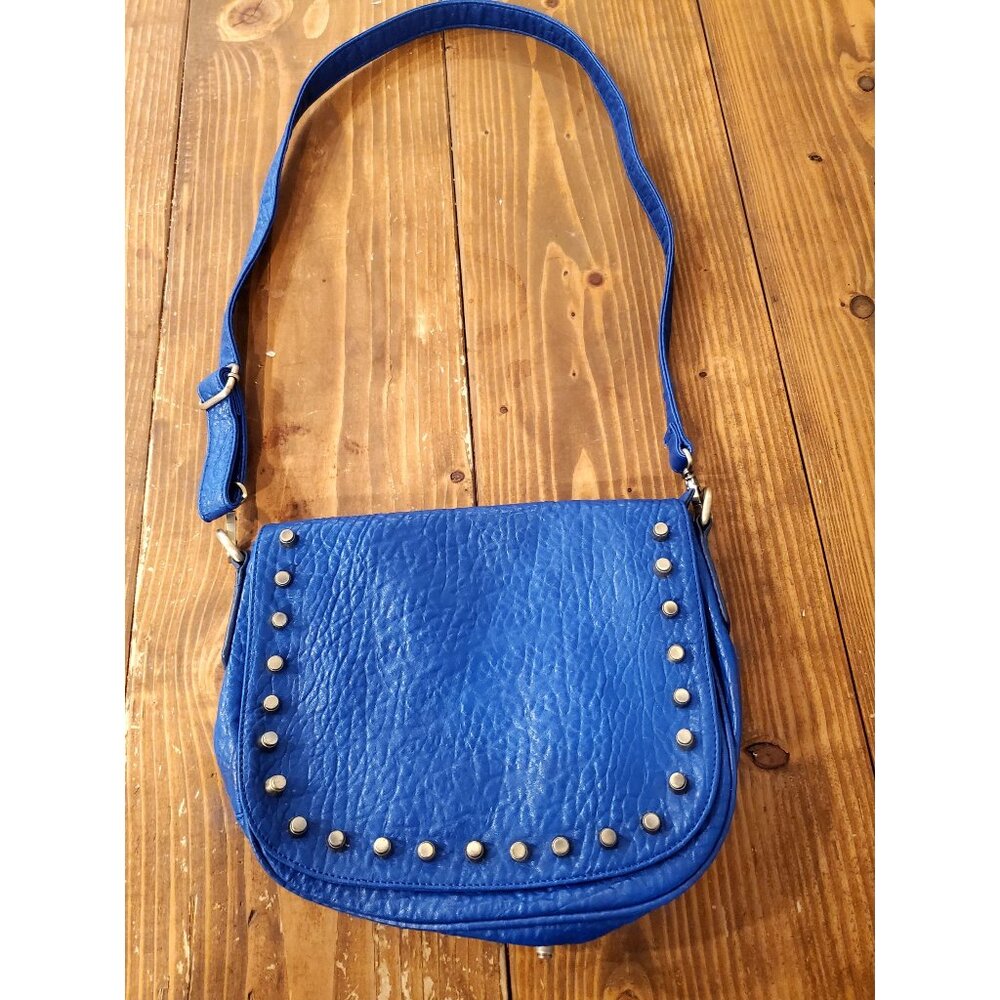 Blue Faux Leather Crossbody Bag Studded Flap Adjustable Strap Steam Punk